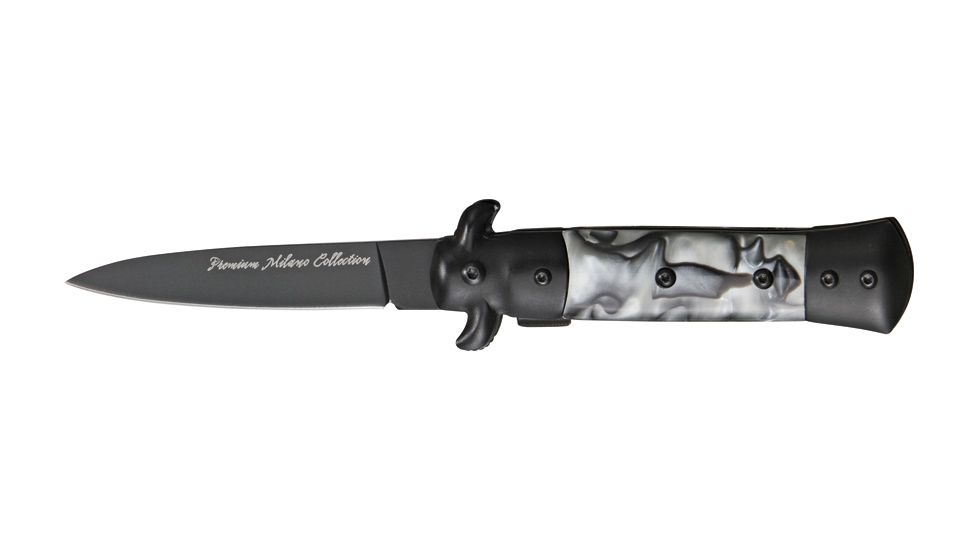 Tac Force Prem. Milano Fold Knife, Black Blade, black SS A/O blade, Black Alum. handles w/ white, gray and black swirl TF675WPB