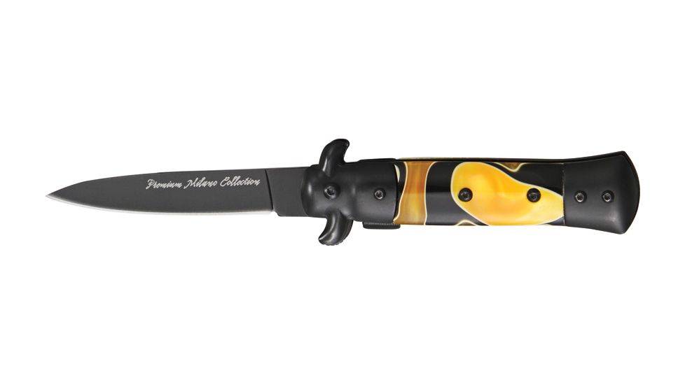 Tac Force Prem. Milano Fold Knife, Black Blade, black SS A/O blade, Black Alum. handles w/ yellow and black swirl Cell TF675YLB