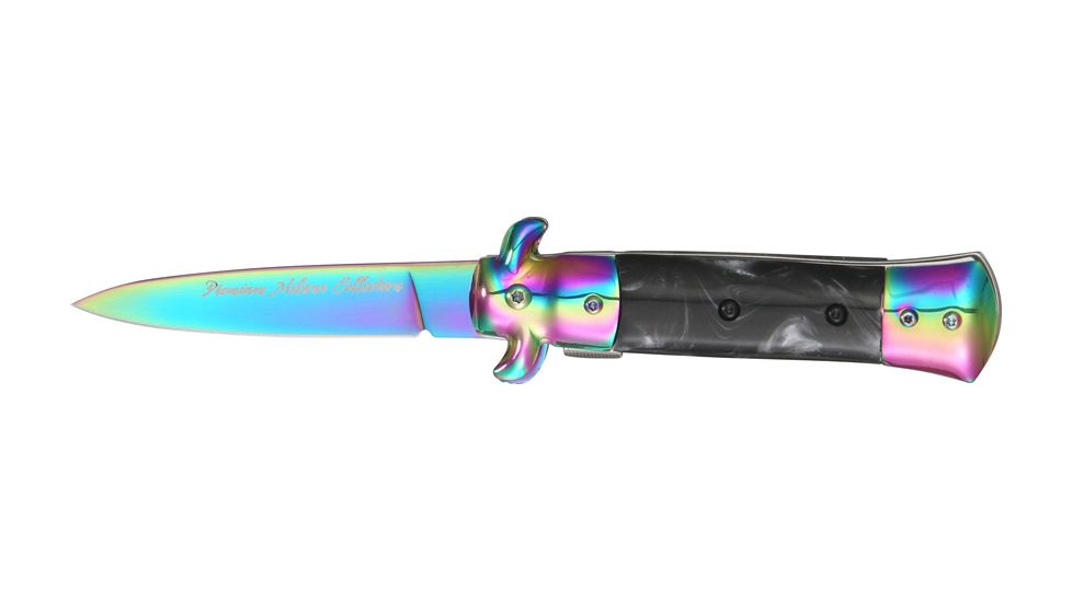 Tac Force Prem. Milano Fold Knife, Black Blade, rainbow SS A/O blade, Rainbow Alum. handles w/ black swirl Cell. inlay TF675RBK