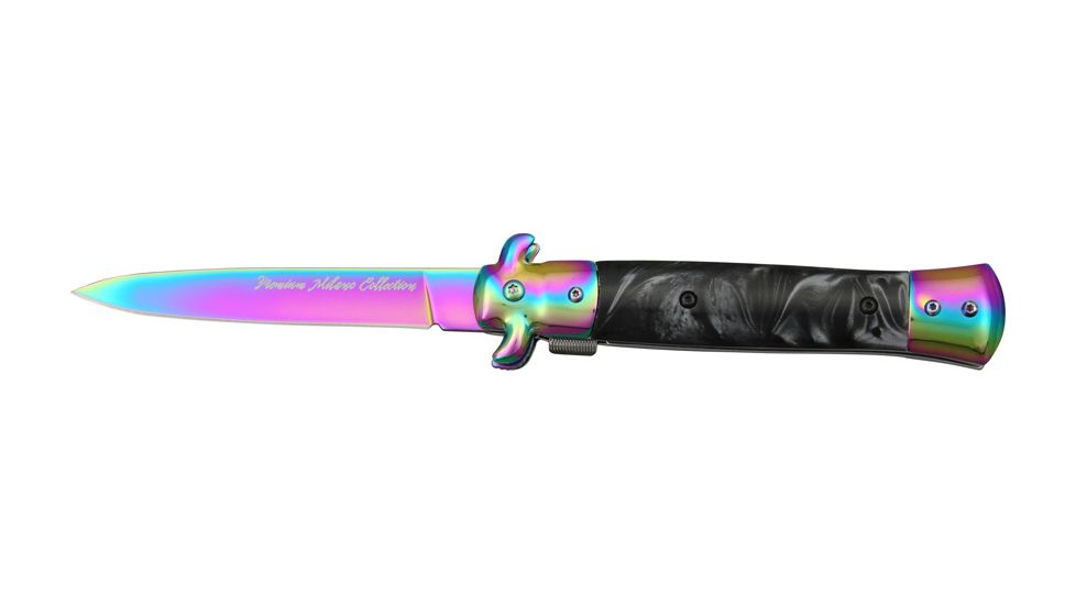 Tac Force Prem. Milano Fold Rainbow Knife, rainbow SS A/O blade, Rainbow Alum. handles w/ black and gray swirl Cell TF575RBK