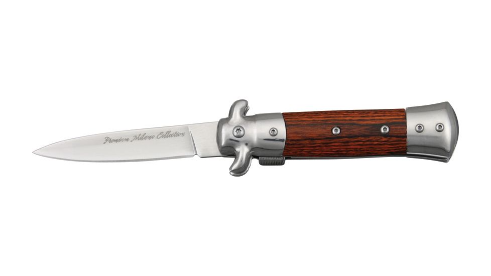 Tac Force Prem. Milano Fold SS Knife, SS A/O blade, Silver Alum. handles w/ brown rich grain wood inla TF675WD