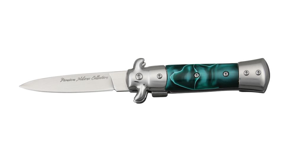 Tac Force Prem. Milano Fold SS Knife, SS A/O blade, Silver Alum. handles w/ green and black swirl Cell TF675GN