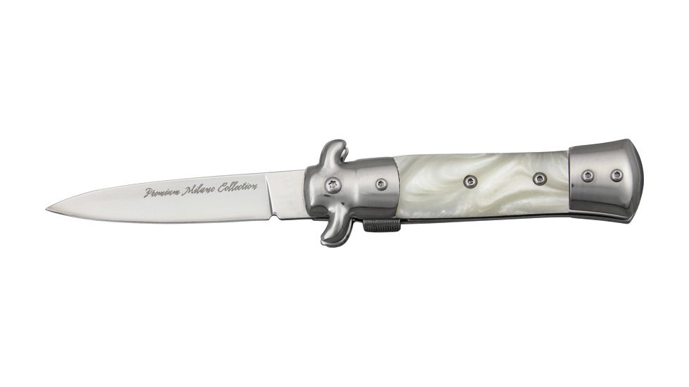 Tac Force Prem. Milano Fold SS Knife, SS A/O blade, Silver Alum. handles w/ white pearl Cell. inlay TF675WP