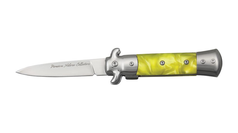 Tac Force Prem. Milano Fold SS Knife, SS A/O blade, Silver Alum. handles w/ yellow swirl Cell. inlay TF675YL