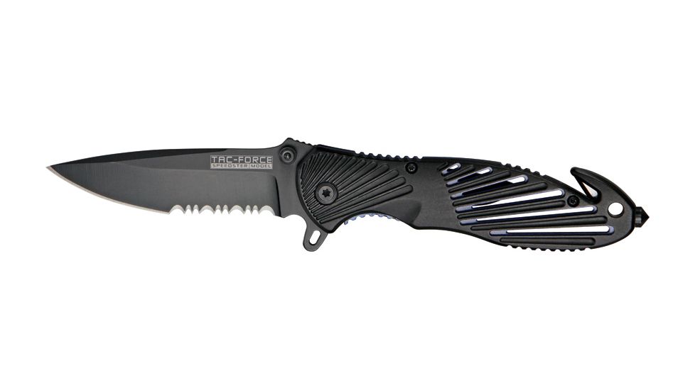 Tac Force Rescue A/O Lock Fold Knife 3 3/8in., black coated, HC steel, A/O, PS blade, Black anodized Alum. handle TF702BKB