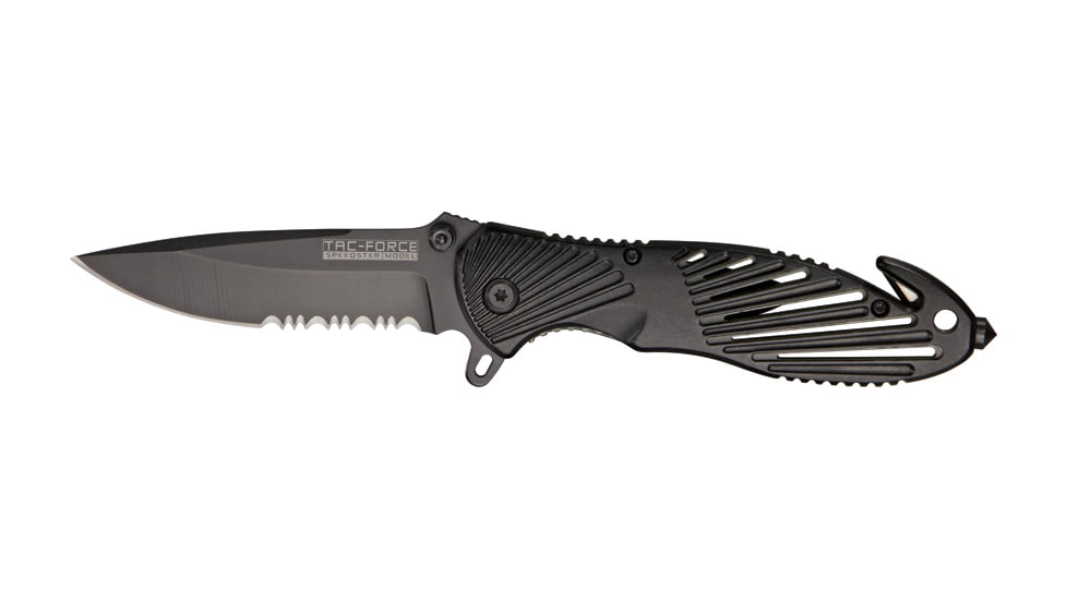 Tac Force Rescue A/O Lock Fold Knife 3 3/8in., black coated, HC steel, A/O, PS blade, Black anodized Alum. handle TF702BKG