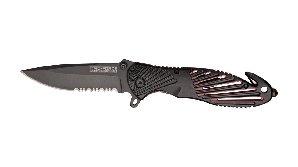 Tac Force Rescue A/O Lock Fold Knife 3 3/8in., black coated, HC steel, A/O, PS blade, Black anodized Alum. handle TF702BKR