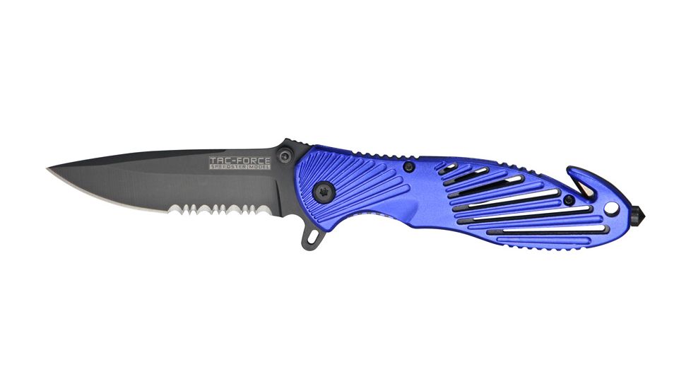 Tac Force Rescue A/O Lock Fold Knife 3 3/8in., black coated, HC steel, A/O, PS blade, Electric blue anodized Alum. handle TF702BL