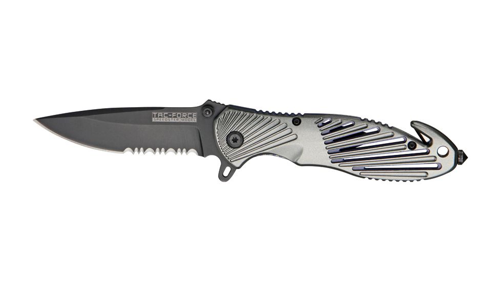 Tac Force Rescue A/O Lock Fold Knife 3 3/8in., black coated, HC steel, A/O, PS blade, Gray anodized Alum. handle TF702GYB