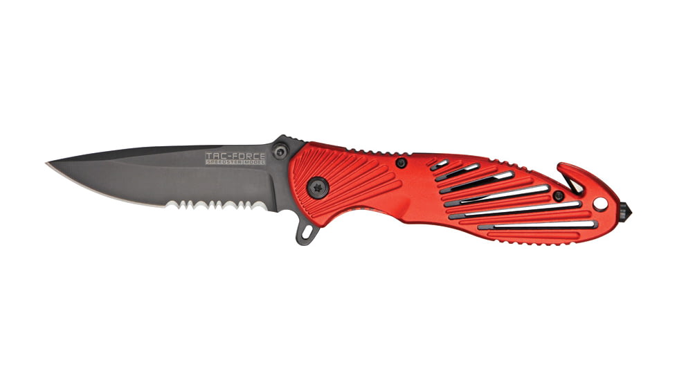 Tac Force Rescue A/O Lock Fold Knife 3 3/8in., black coated, HC steel, A/O, PS blade, Red anodized Alum. handle TF702RD