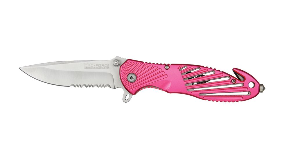 Tac Force Rescue A/O Lock Fold Knife 3 3/8in., HC steel, A/O, PS blade, Pink anodized Alum. handle TF702PK