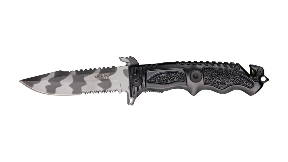 Tac Force Rescue A/O Lock Fold Knife, 3 7/8, urban camo HC steel A/O PS blade w/ sawback, Black fingergrooved anodized Alum. handl TF711UC