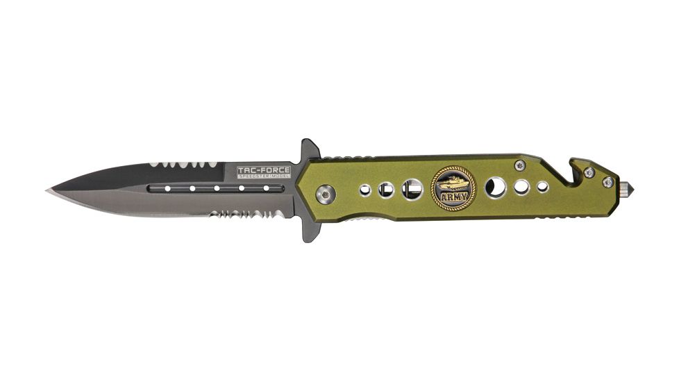 Tac Force Rescue Fold Knife, black HC SS A/O PS Dagger, Alum. handles w/ drilled hole design TF716AR
