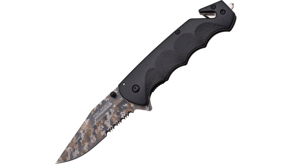 TAC Force Rescue Linerlock A/O Folding Knife,3.5in Clip Point,Partially Serrated, Stainless Steel,Black Aluminum Handle TF499LC