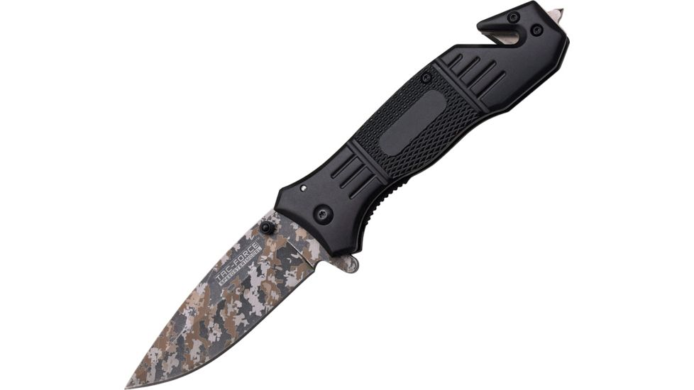 TAC Force Rescue Linerlock A/O Folding Knife,3.5in Drop Point,Stainless Steel,Black Aluminum Handle TF434LC