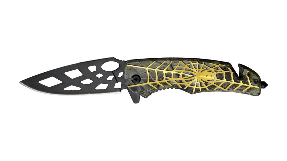 Tac Force Rescue Linerlock Fold Knife, black coated SS blade, green anodized spider and web Handle TF643GD