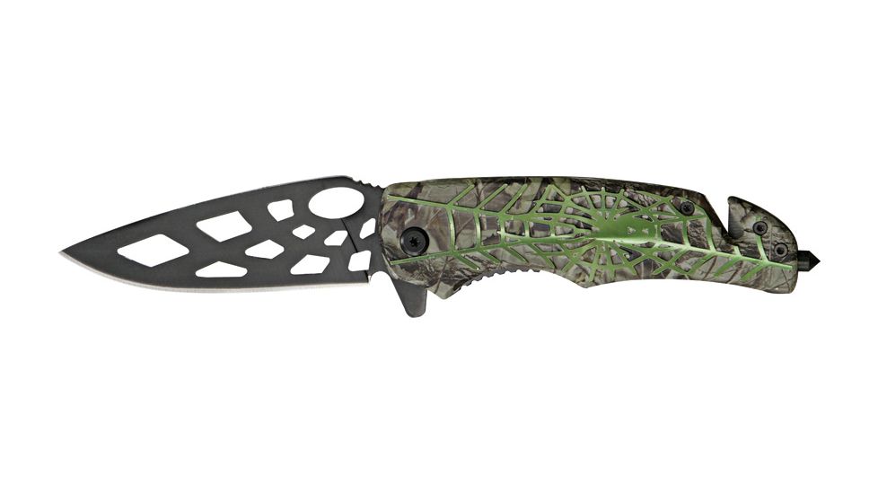 Tac Force Rescue Linerlock Fold Knife, black coated SS blade, green anodized spider and web Handle TF643GM