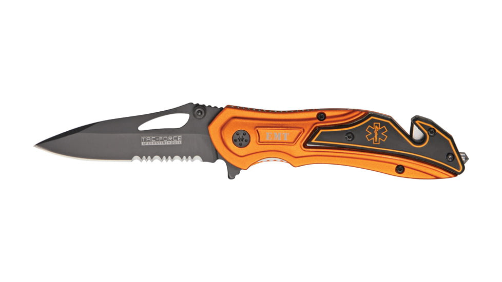 Tac Force Rescue Lock A/O Fold Knife 4.50in., black HC steel A/O blade, Bright orange anodized Alum. handle TF696EM