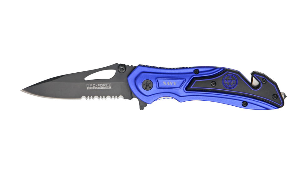 Tac Force Rescue Lock A/O Fold Knife 4.50in., black HC steel A/O blade, Electric blue anodized Alum. handles w/ in.Navyin TF696NY