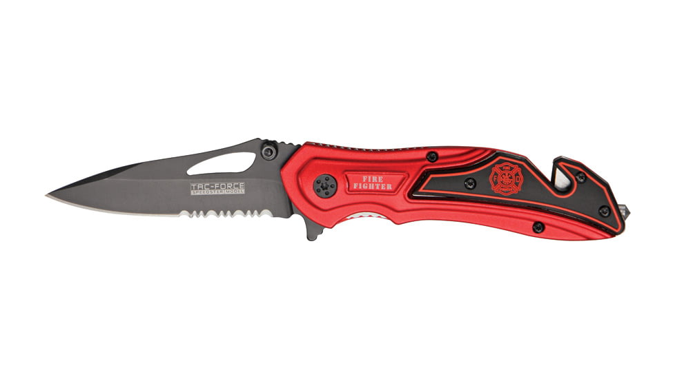 Tac Force Rescue Lock A/O Fold Knife 4.50in., black HC steel A/O blade, Fire engine red anodized Alum. handles TF696FD
