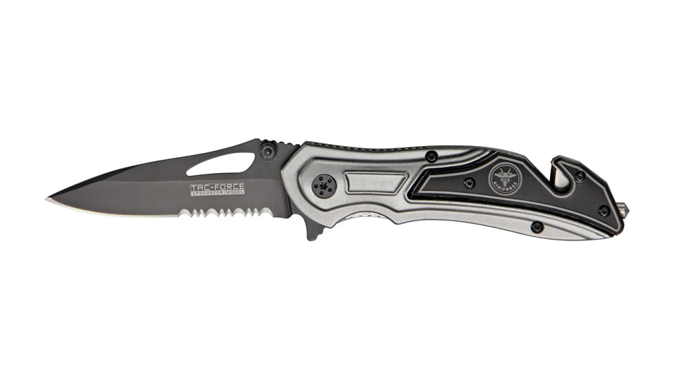 Tac Force Rescue Lock A/O Fold Knife 4.50in., black HC steel A/O blade, Gray anodized Alum. handle TF696AF