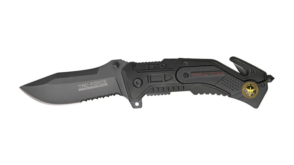 Tac Force Rescue Lock A/O Fold Knife 4.50in., PS black SS A/O blade, Black Alum. handles w/ black trim etched TF688SF