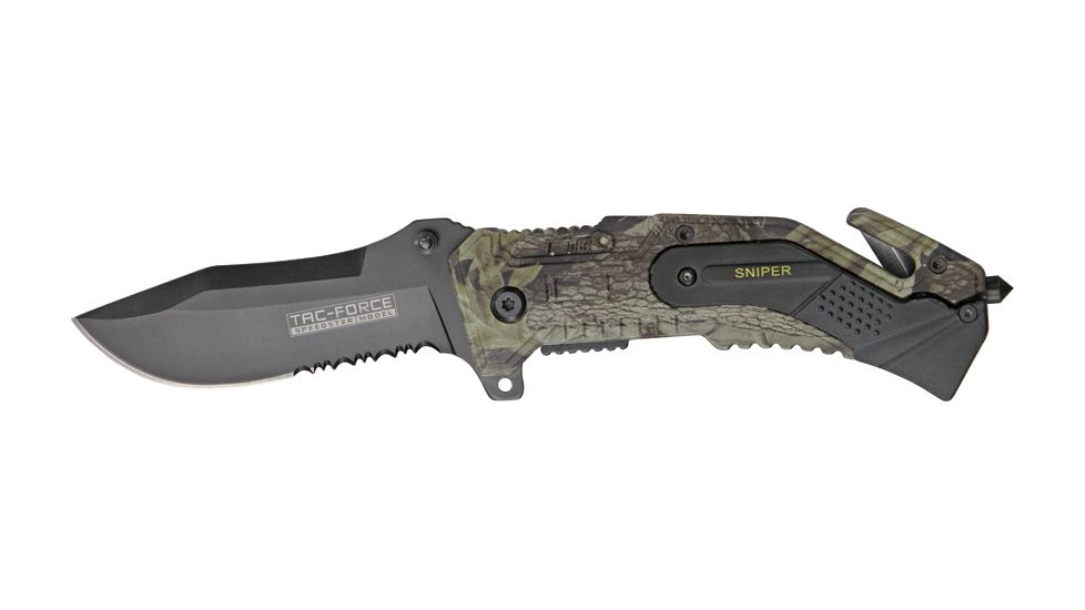 Tac Force Rescue Lock A/O Fold Knife 4.50in., PS black SS A/O blade, Camo Alum. handles w/ black trim etched in TF688CA