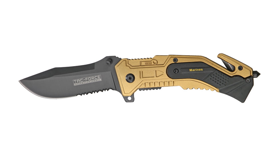 Tac Force Rescue Lock A/O Fold Knife 4.50in., PS black SS A/O blade, Gold Alum. handles w/ black trim etched i TF688MR
