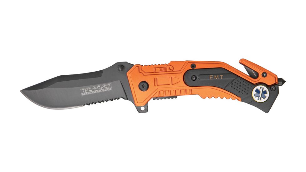 Tac Force Rescue Lock A/O Fold Knife 4.50in., PS black SS A/O blade, Orange Alum. handles w/ black trim etched in TF688EMT