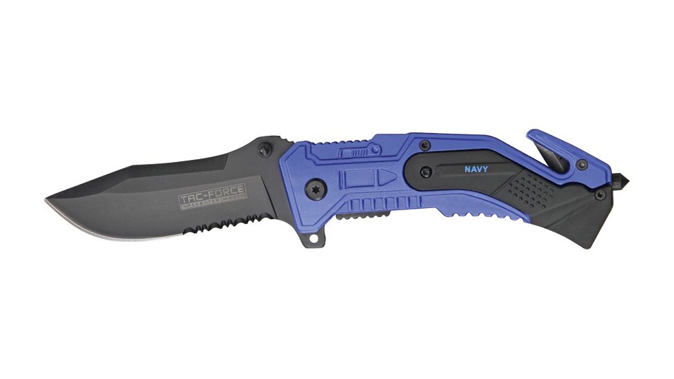 Tac Force Rescue Lock A/O Fold Knife 4.50in., PS black SS A/O blade, Royal blue Alum. handles w/ black trim etched TF688NV