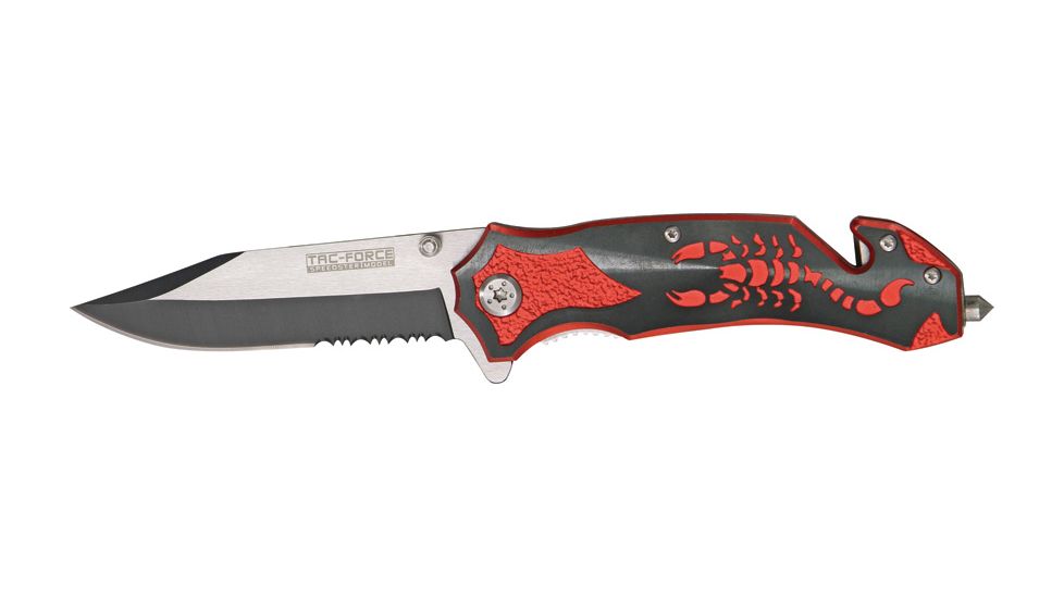 Tac Force Rescue Lock A/O Fold Knife 4.50in., PS black SS A/O clip blade, Back handle has black Alum. onlay TF692BR