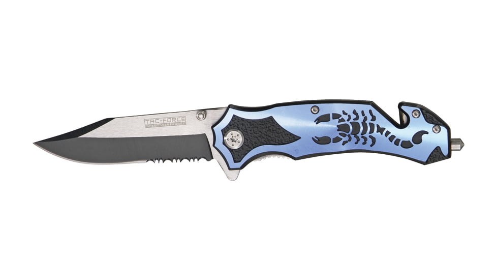 Tac Force Rescue Lock A/O Fold Knife 4.50in., PS black SS A/O clip blade, Back handle has blue Alum. onlay TF692BL