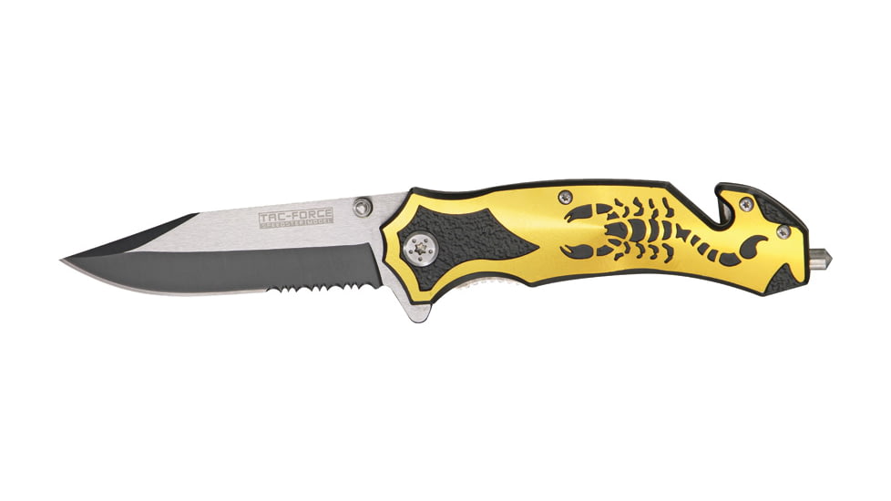 Tac Force Rescue Lock A/O Fold Knife 4.50in., PS black SS A/O clip blade, Back handle has gold Alum. onlay TF692GD