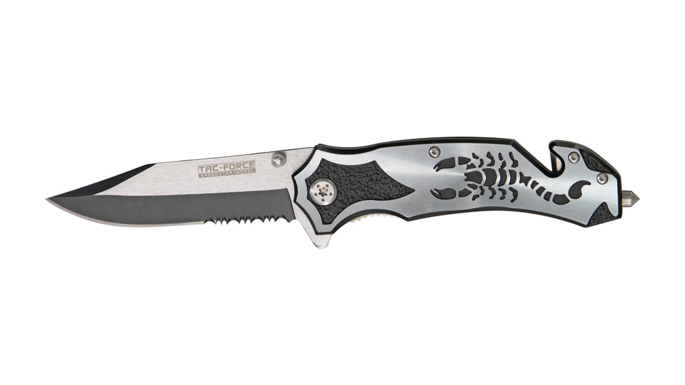 Tac Force Rescue Lock A/O Fold Knife 4.50in., PS black SS A/O clip blade, Back handle has gray Alum. onlay TF692GY