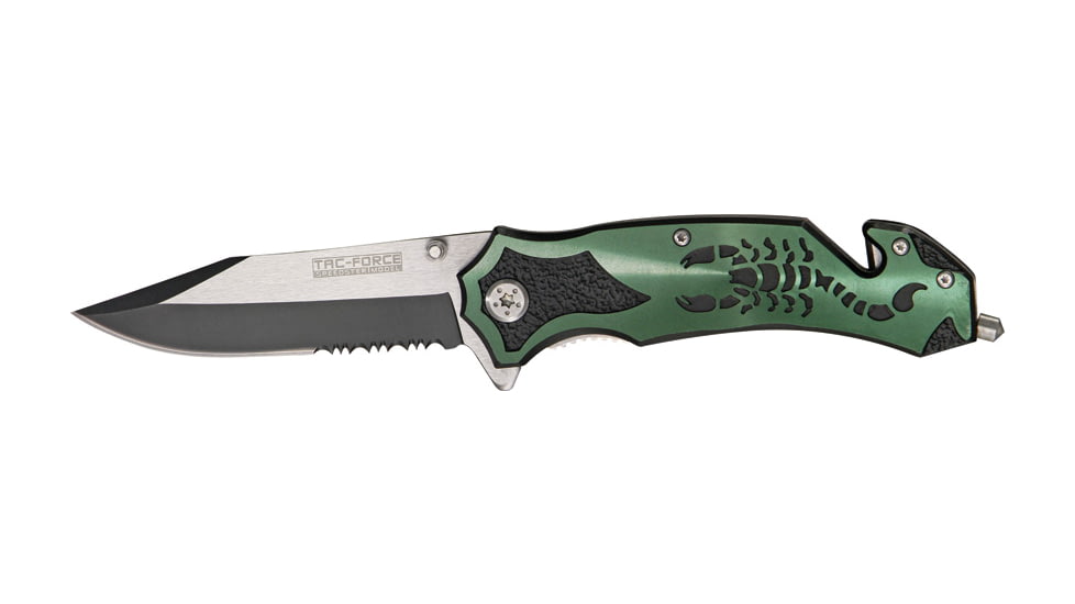 Tac Force Rescue Lock A/O Fold Knife 4.50in., PS black SS A/O clip blade, Back handle has green Alum. onlay TF692GN