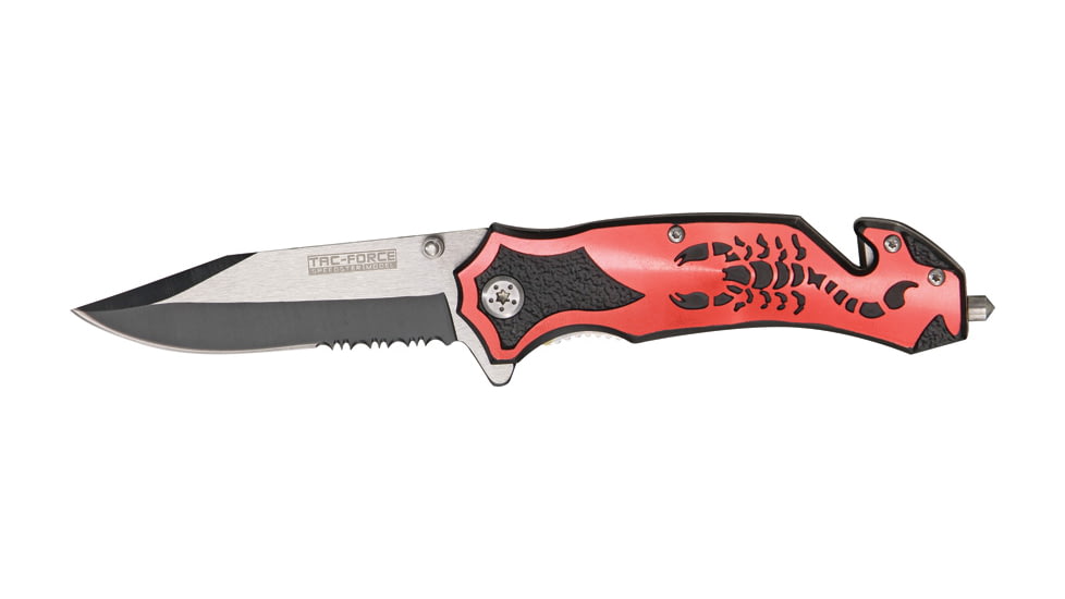 Tac Force Rescue Lock A/O Fold Knife 4.50in., PS black SS A/O clip blade, Back handle has red Alum. onlay TF692RB