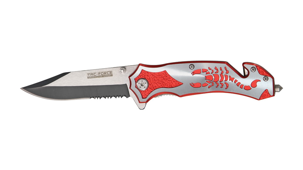 Tac Force Rescue Lock A/O Fold Knife 4.50in., PS black SS A/O clip blade, Back handle has silver Alum. onlay TF692SR
