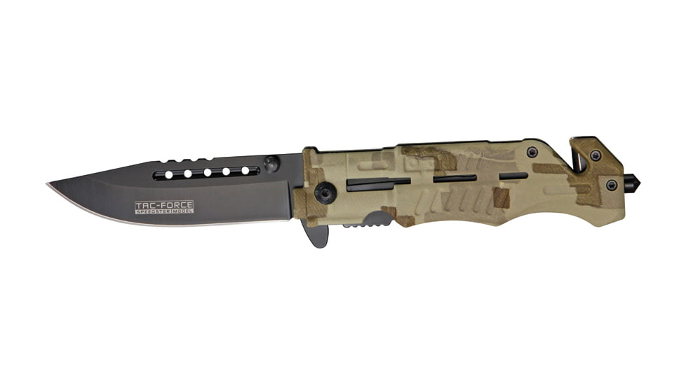 Tac Force Rescue Lock A/O Fold Knife 4 7/8in., black HC steel A/O blade, Grooved desert tan Digi camo Alum. handle TF739DM