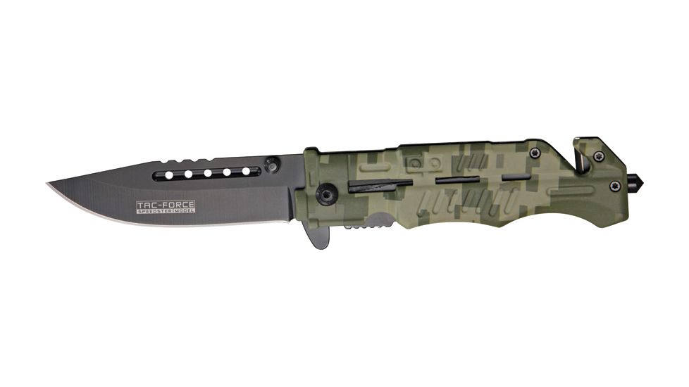 Tac Force Rescue Lock A/O Fold Knife 4 7/8in., black HC steel A/O blade, Grooved green Digi camo Alum. handle TF739DG