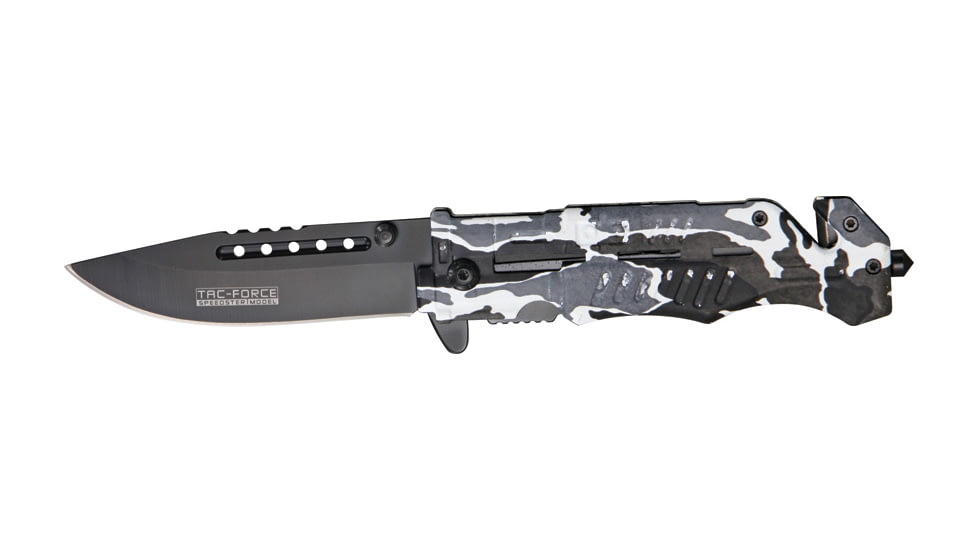 Tac Force Rescue Lock A/O Fold Knife 4 7/8in., black HC steel A/O blade, Grooved snow camo Alum. handle TF739DW