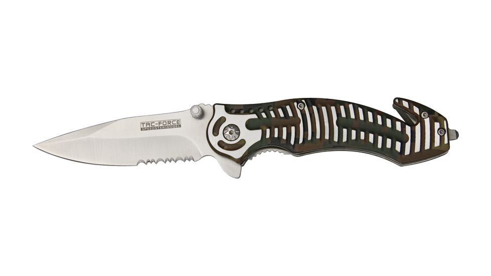 Tac Force Rescue Lock A/O Fold Knife 4 7/8in., satin 440 SS PS A/O blade, Brown Camo Alum. handles w/ silver slot onlay trim TF681BC