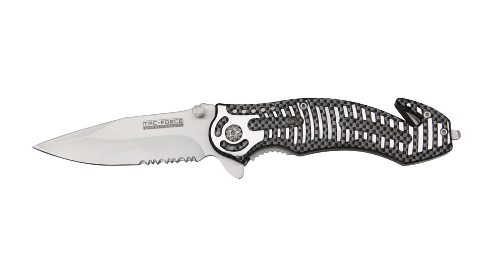 Tac Force Rescue Lock A/O Fold Knife 4 7/8in., satin 440 SS PS A/O blade, Carbon fiber Alum. handles w/ silver slot onlay tr TF681CF