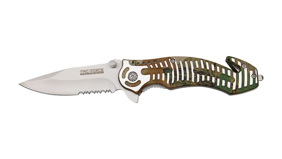 Tac Force Rescue Lock A/O Fold Knife 4 7/8in., satin 440 SS PS A/O blade, Green Camo Alum. handles w/ silver slot onlay trim TF681GC