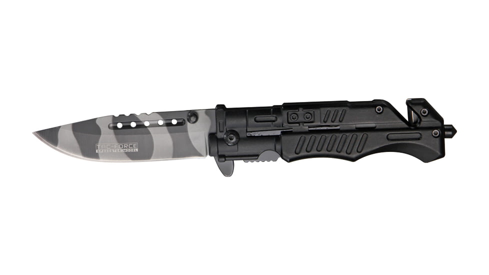 Tac Force Rescue Lock A/O Fold Knife 4 7/8in., urban camo HC steel A/O blade, Grooved black Alum. handle TF739UC