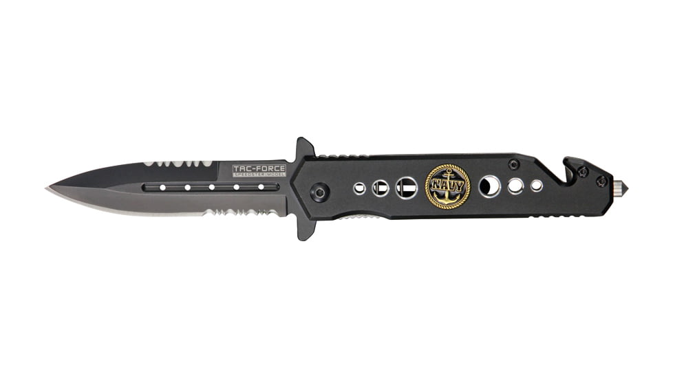Tac Force Rescue Lock Fold Lock 4.75in., black HC SS A/O PS Dagger, Black Alum. handles w/ Navy inlay shield TF716NY