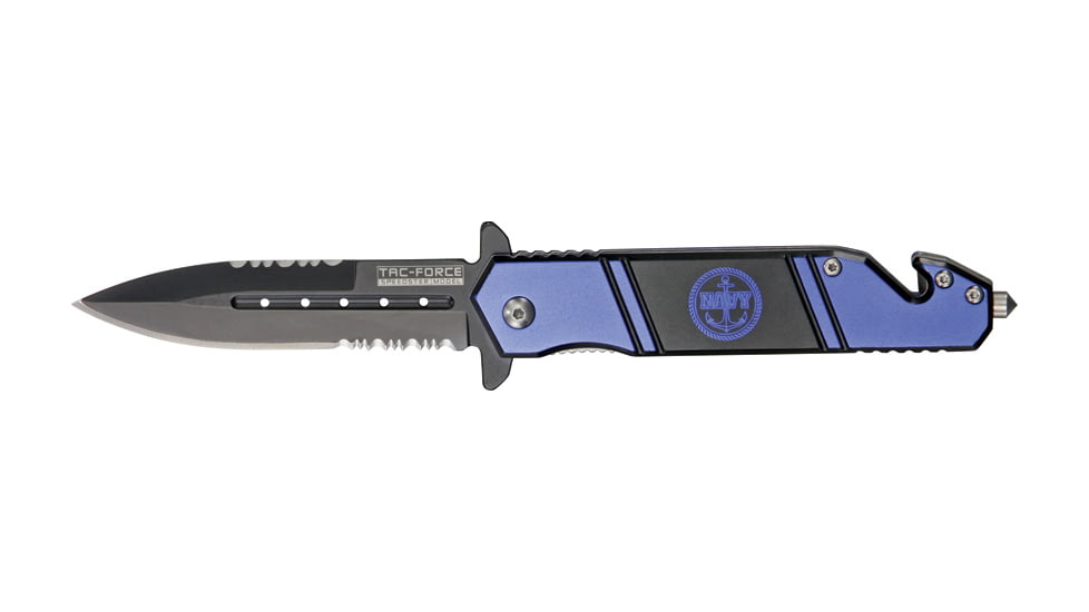 Tac Force Rescue Lock Fold Lock 4.75in., black HC SS A/O PS Dagger, Electric blue handles w/ Navy logo. TF717NY