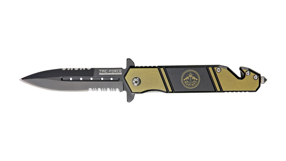 Tac Force Rescue Lock Fold Lock 4.75in., black HC SS A/O PS Dagger, OD green handles w/ Marines logo. TF717MR