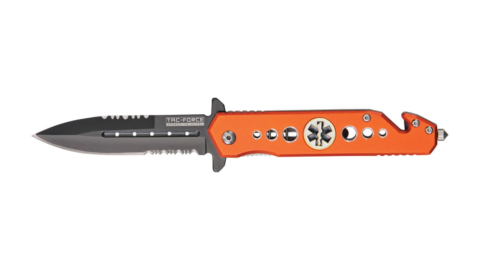 Tac Force Rescue Lock Fold Lock 4.75in., black HC SS A/O PS Dagger, Orange anodized handles w/ EMT logo inlay shield. TF716EM