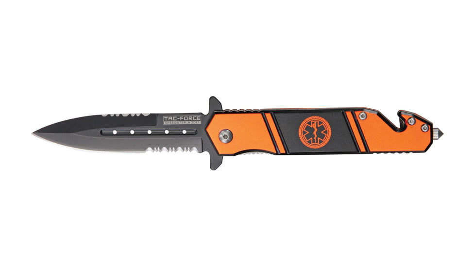 Tac Force Rescue Lock Fold Lock 4.75in., black HC SS A/O PS Dagger, Orange handles w/ EMT logo. TF717EM