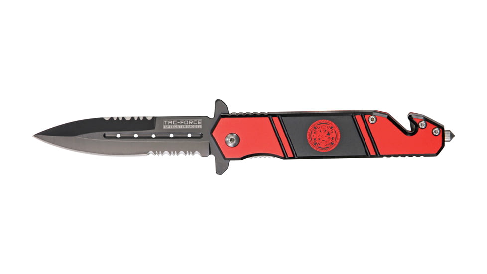 Tac Force Rescue Lock Fold Lock 4.75in., black HC SS A/O PS Dagger, Red handles w/ Fire Dept logo TF717FD